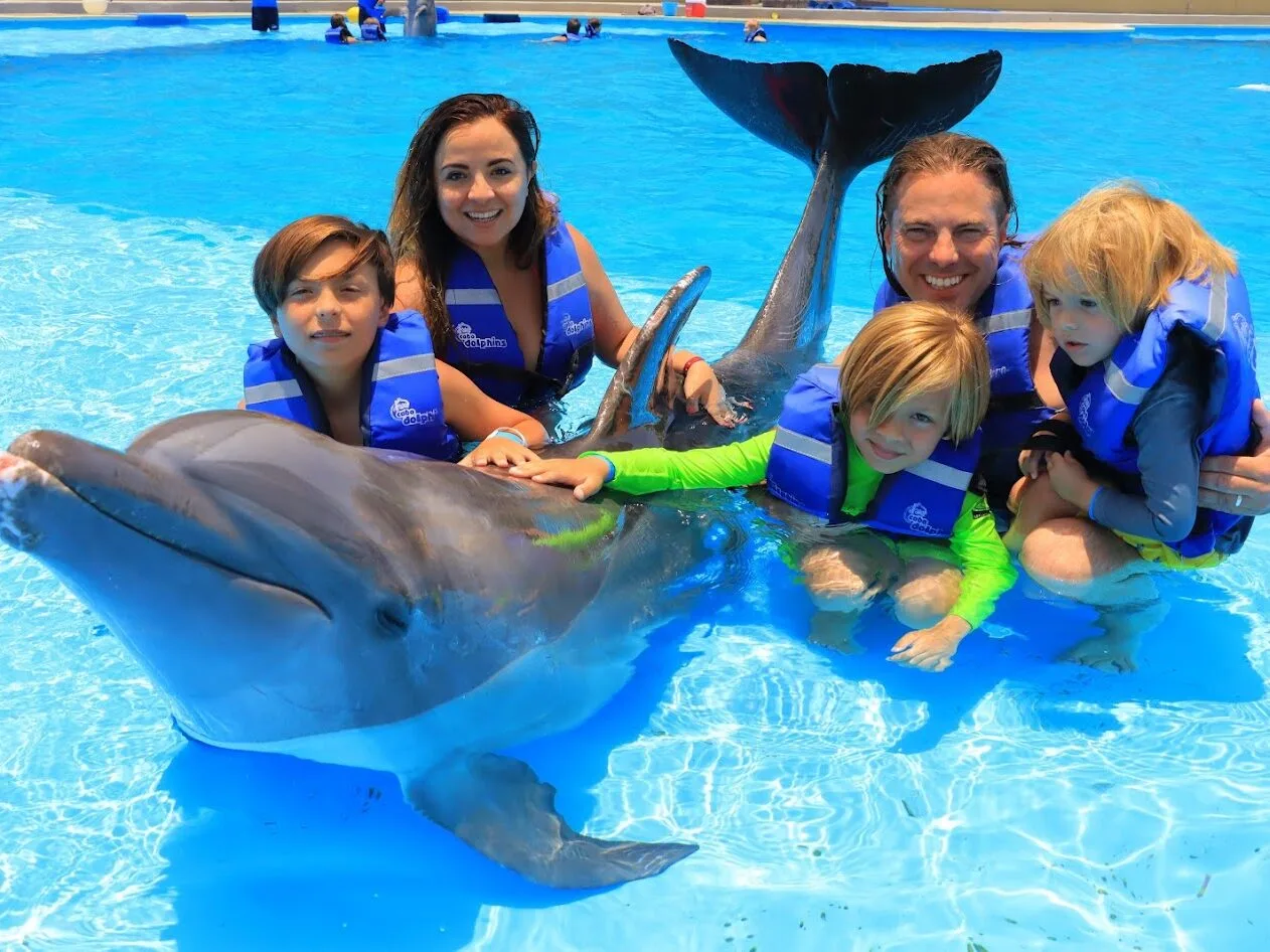 Family enjoying a day together at a dolphin pool